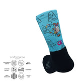 Blue athletic sock with cartoon design, performance features like cushioning and moisture-wicking