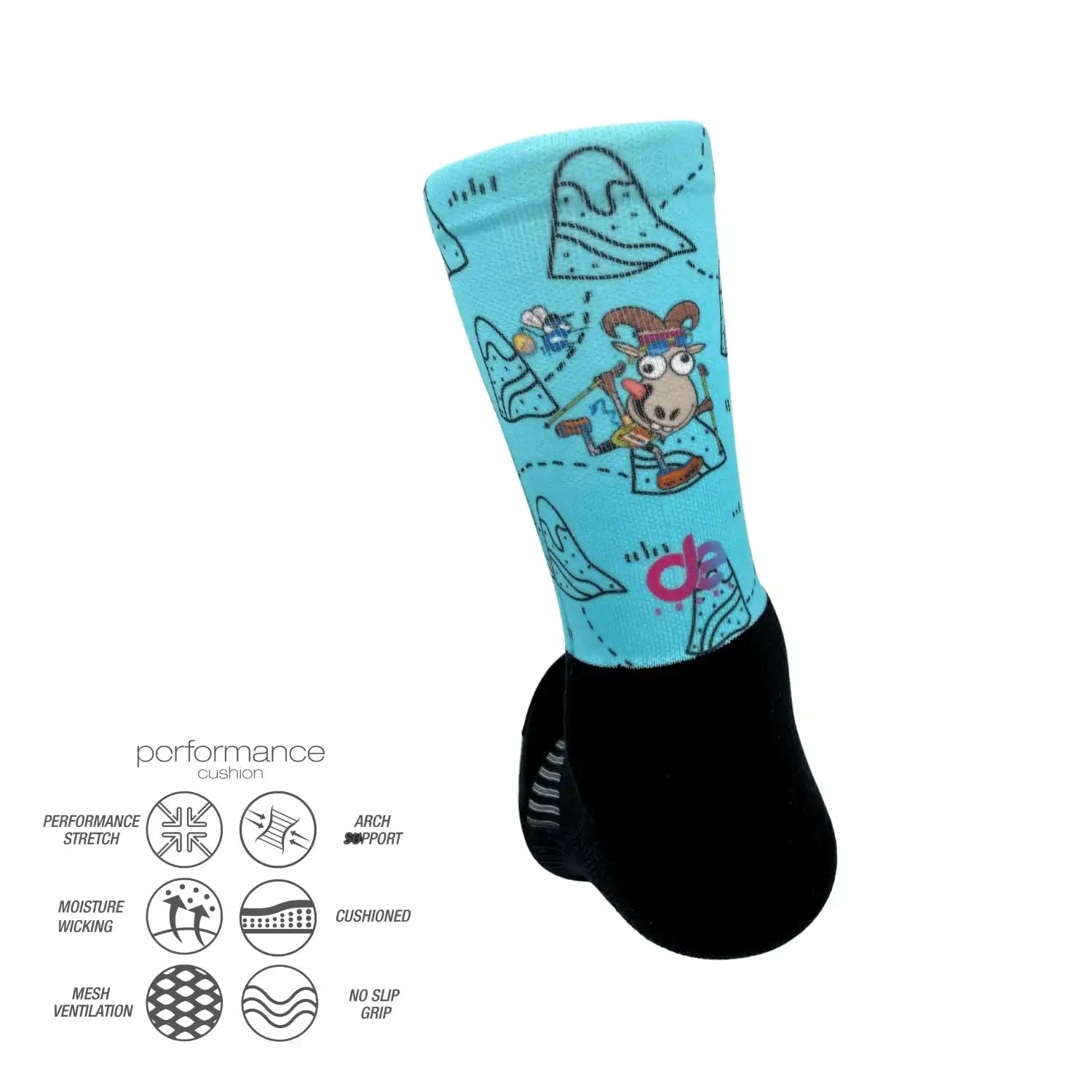 Blue athletic sock with cartoon goat design, performance stretch, moisture wicking, cushioned, no slip grip
