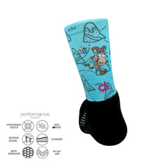 Blue athletic sock with cartoon goat design, performance stretch, moisture wicking, cushioned, no slip grip