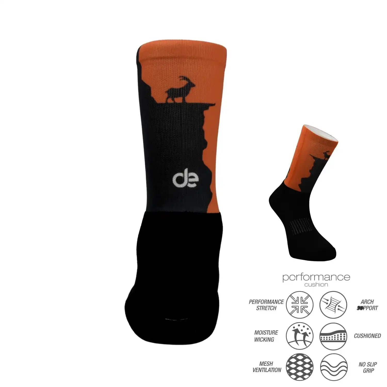 Black and orange performance athletic socks with mountain goat design, featuring cushioned arch support and moisture-wicking fabric