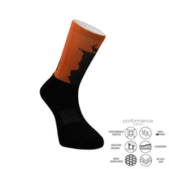 Black and orange athletic sock with Halloween witch design, featuring performance stretch, moisture wicking, and arch support