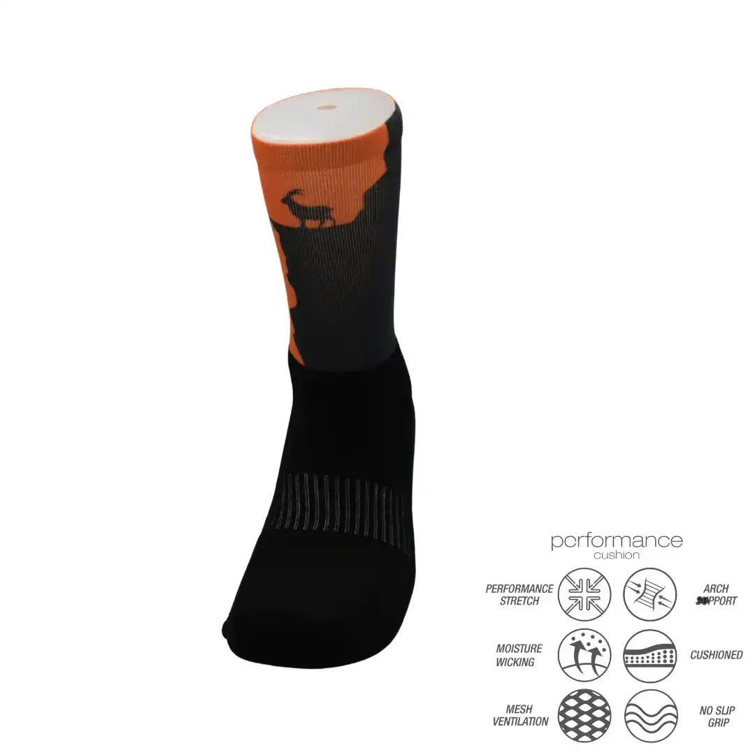 Black and orange athletic performance sock with deer design, moisture-wicking and cushioned features
