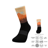 Performance athletic socks with mountain sunset design, moisture-wicking, cushioned, and arch support