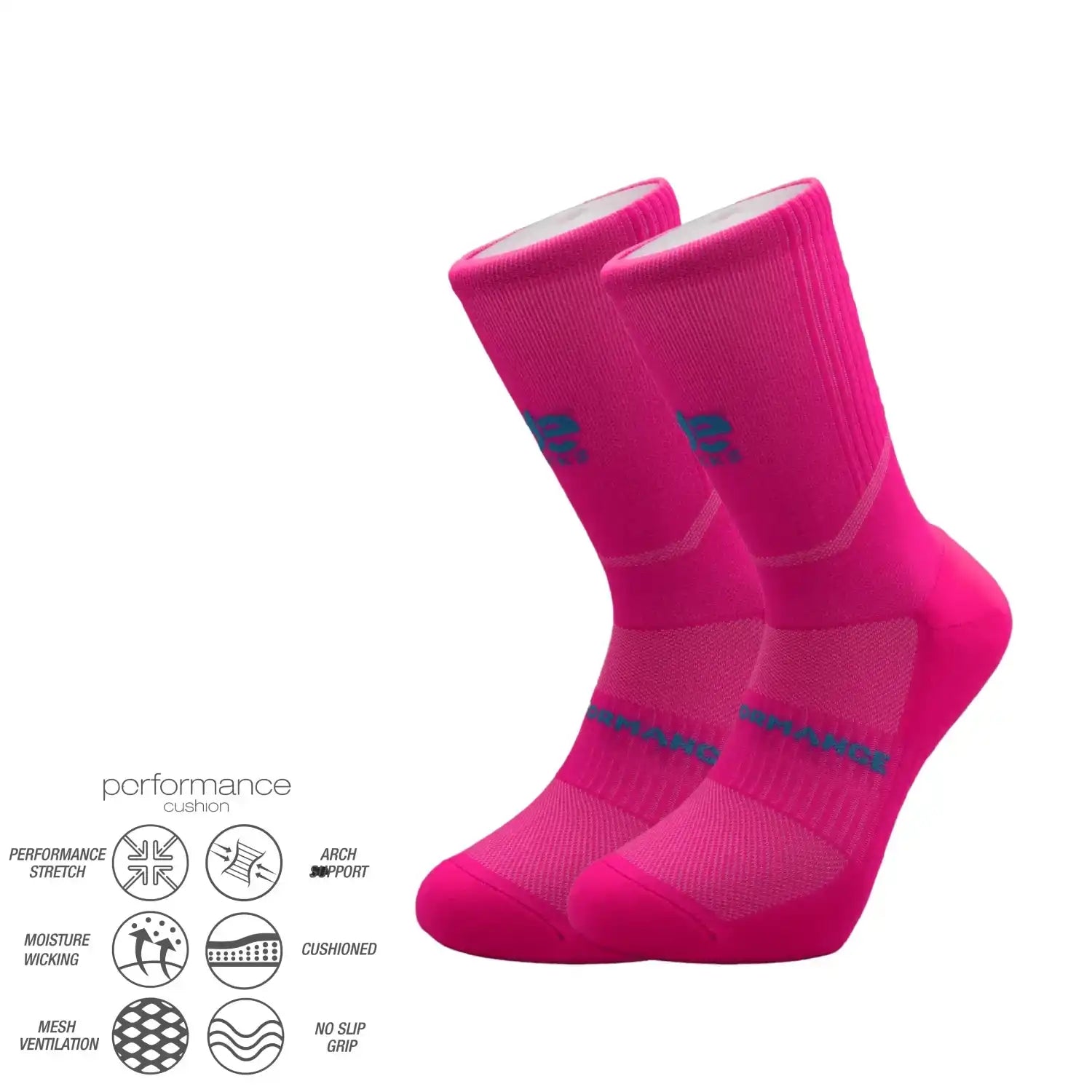 Bright pink performance athletic socks with cushioned arch support, moisture-wicking, and mesh ventilation for running, cycling, tennis, or training.