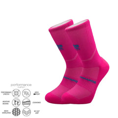 Bright pink performance athletic socks with cushioned arch support, moisture-wicking, and mesh ventilation for running, cycling, tennis, or training.