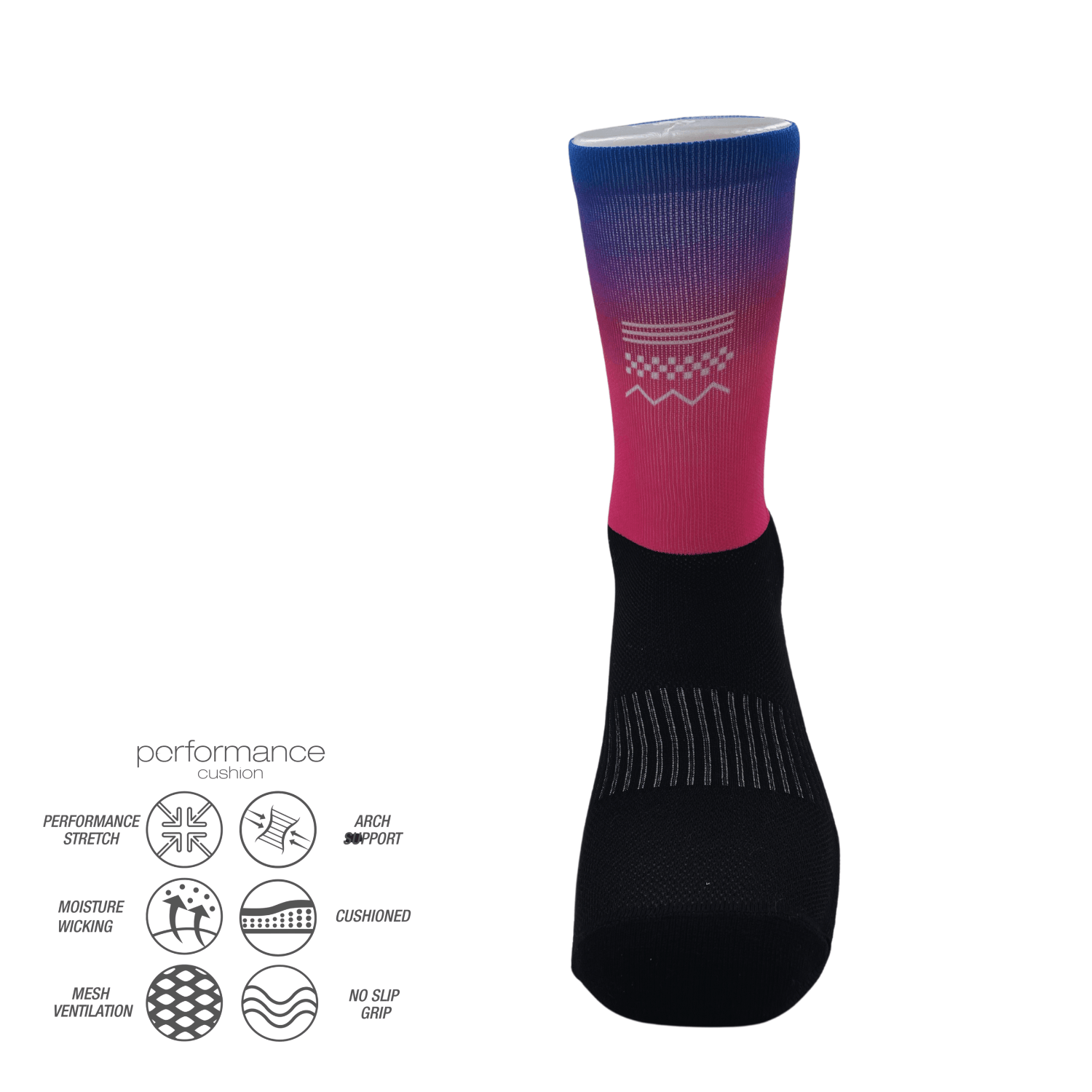 Αθλητικές κάλτσες τρεξίματος – Pink-Blue Εκτύπωση με εργονομική εφαρμογή, αντικραδασμική ενίσχυση και τεχνολογία διαπνοής για άνεση στο τρέξιμο.