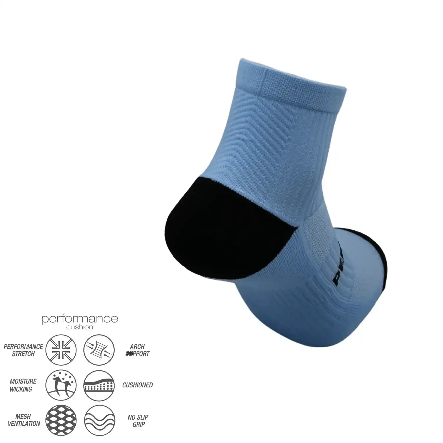 Light blue athletic socks with black toe, featuring performance cushion, arch support, and moisture-wicking