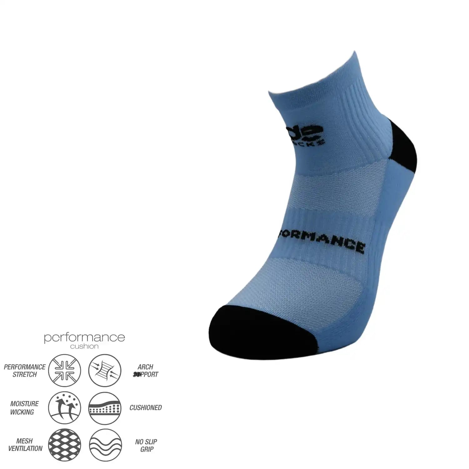 Light blue performance athletic sock with black toe, heel, and 'performance' text, featuring cushioned arch support and moisture-wicking mesh.