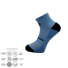 Blue athletic performance socks with black toe and heel, featuring cushioned arch support and moisture-wicking design.