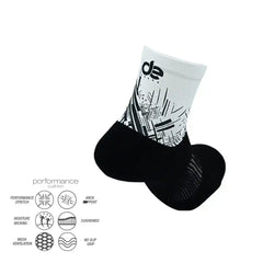 Performance athletic sock with black and white graphic design, cushioned sole, arch support, and moisture-wicking features for running, cycling, or training.