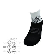Black athletic sock with white graphic, featuring performance stretch, moisture wicking, and cushioned arch support.