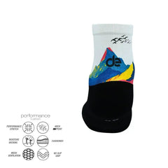 Performance athletic sock with colorful mountain design, cushioned, moisture-wicking, and no-slip grip