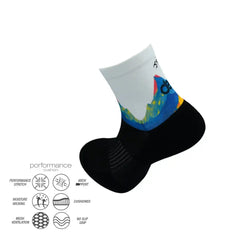 Performance athletic sock with colorful design, cushioned sole, arch support, moisture-wicking, and no-slip grip for running, cycling, tennis