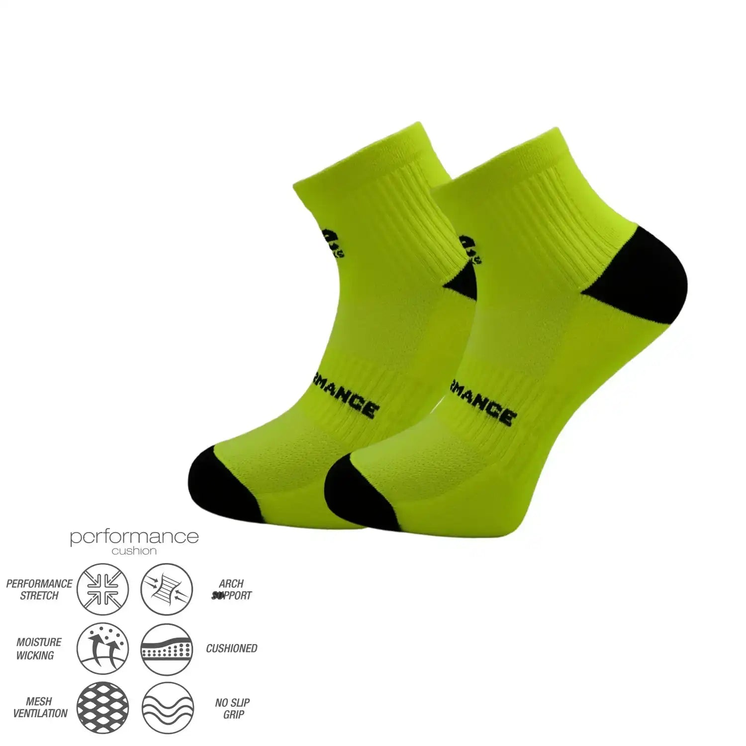 Bright green performance athletic socks with black toe and heel, featuring cushioned arch support and moisture-wicking fabric for running, cycling, tennis, and training.