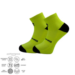Bright green performance athletic socks with black toe and heel, featuring cushioned arch support and moisture-wicking fabric for running, cycling, tennis, and training.