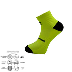 Bright green performance athletic sock with black toe and heel, featuring cushioned arch support and moisture-wicking tech for running, cycling, tennis, padel.