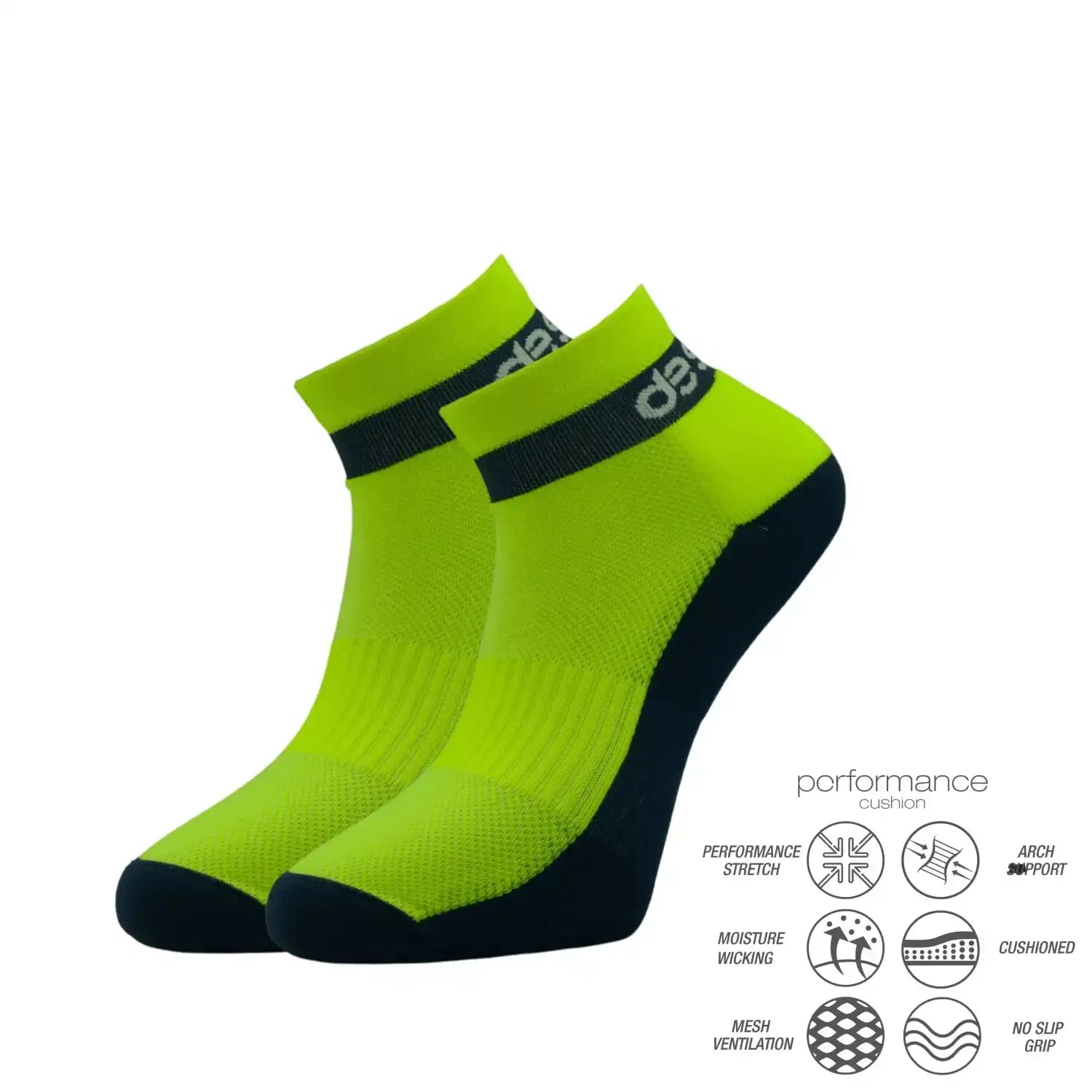 Bright green athletic performance socks with black accents and moisture-wicking features
