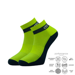 Bright green athletic performance socks with black accents and moisture-wicking features
