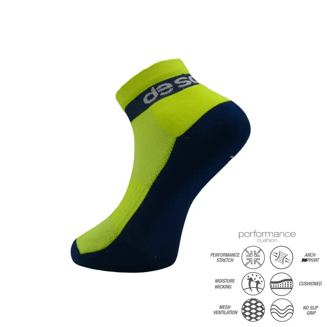 Bright neon green and navy athletic performance socks with moisture-wicking and cushioned features