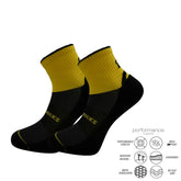Yellow and black athletic performance socks with moisture-wicking and cushioned features for running or training.