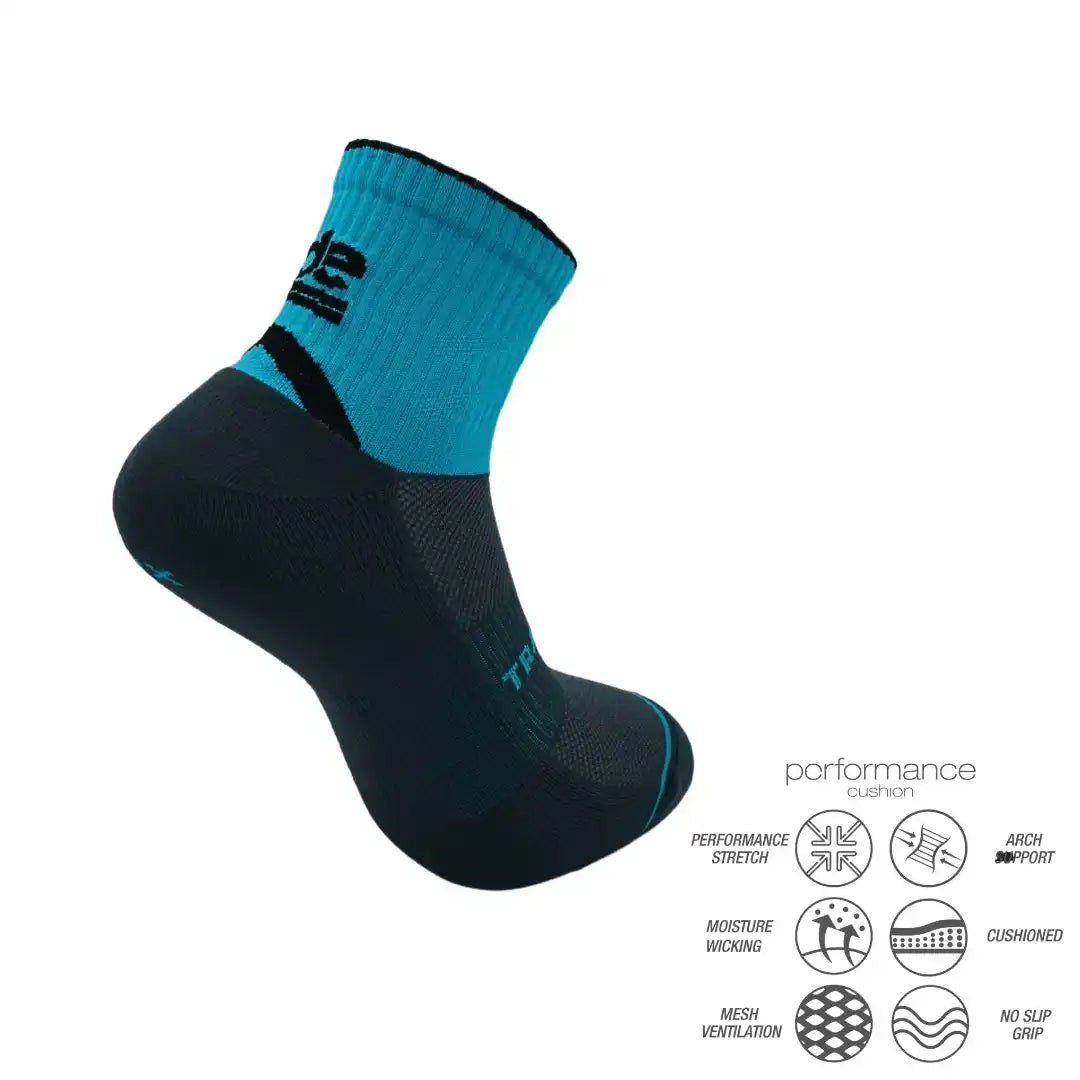 Performance athletic socks with moisture-wicking, cushioned support, and mesh ventilation for running or training.