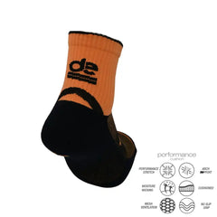 Orange and black athletic performance socks with cushioned support and moisture-wicking features