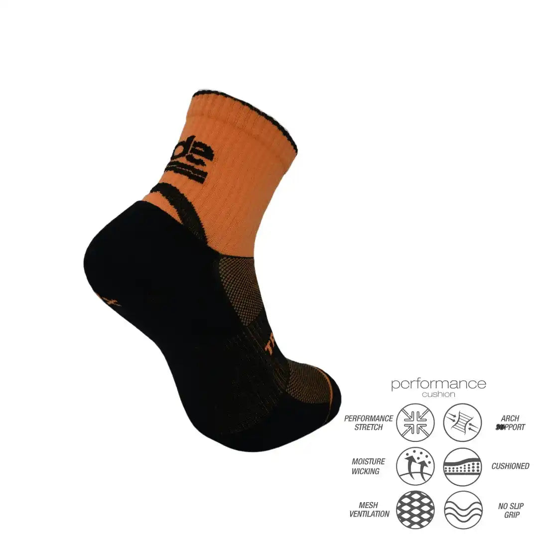 Black and orange performance athletic sock with cushioned arch support, moisture-wicking mesh ventilation, and no-slip grip for running, cycling, tennis, or training.