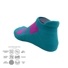 Teal and pink performance athletic socks with cushioned arch support and moisture-wicking features