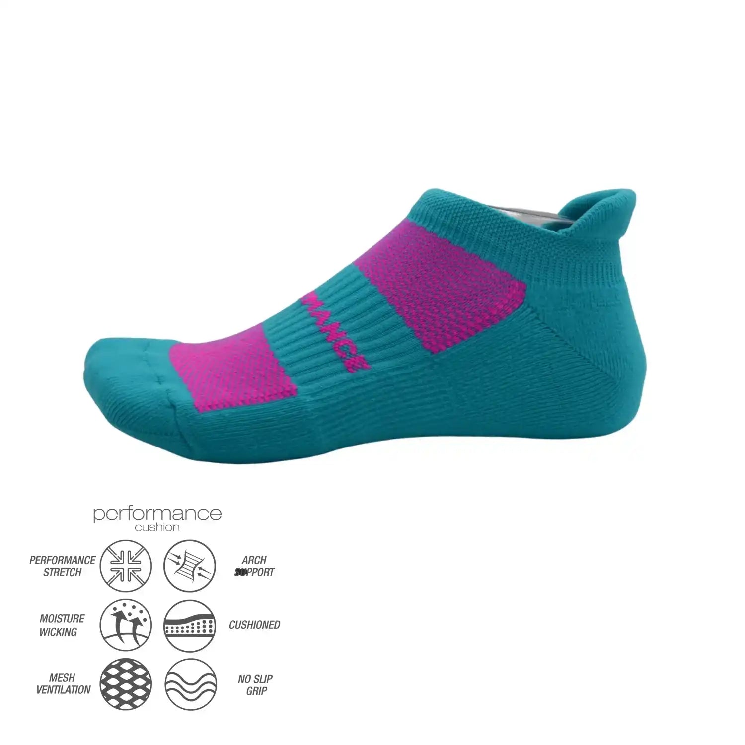 Teal and pink performance athletic socks with cushioned support and moisture-wicking features