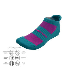 Teal and pink performance athletic socks with cushioned support and moisture-wicking features