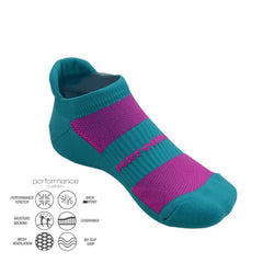 Teal and pink performance athletic socks with cushioned support and moisture-wicking features