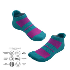 Teal and pink performance athletic socks with cushioned support and moisture-wicking features