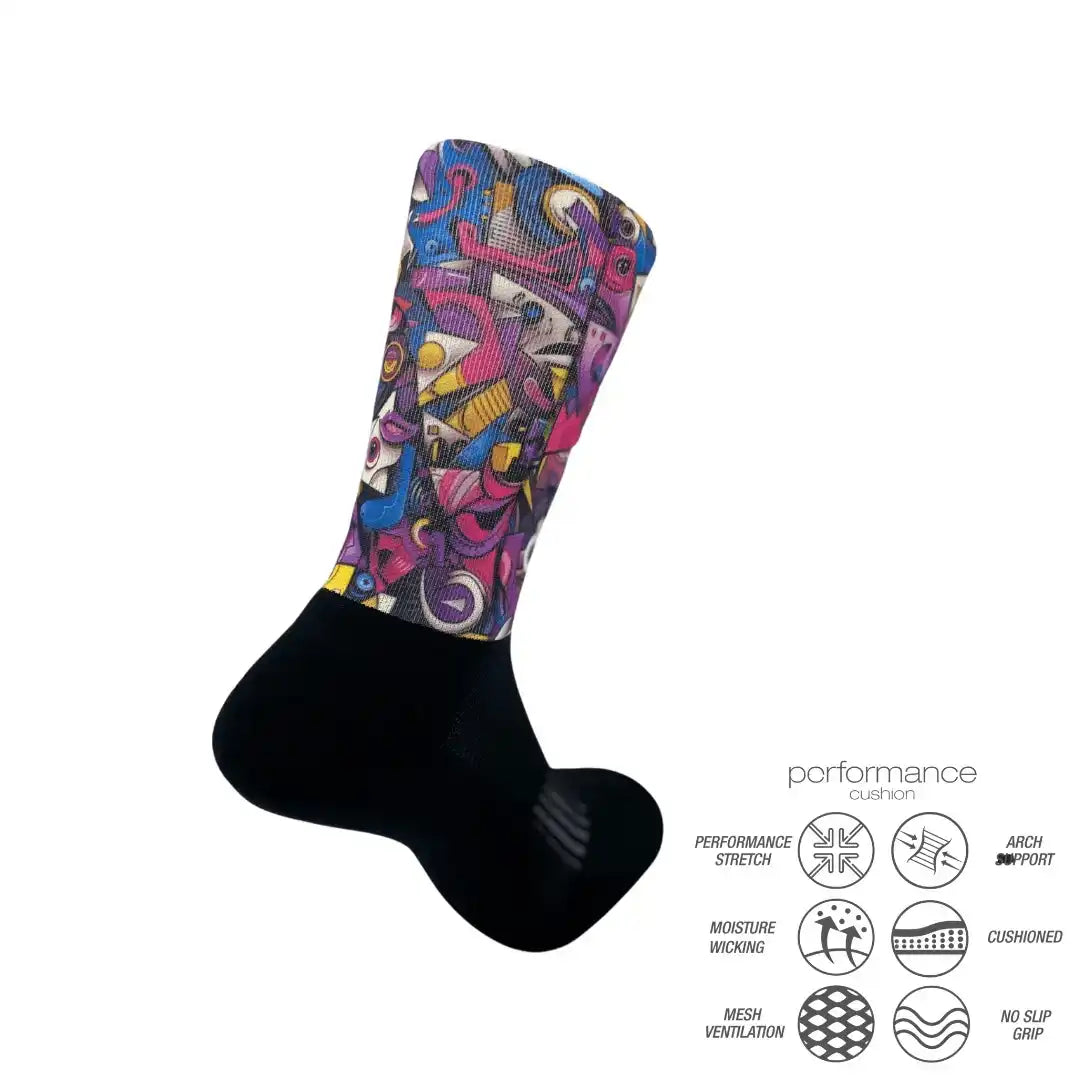 Colorful performance athletic socks with moisture-wicking and arch support features