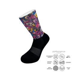 Colorful performance athletic sock with cushioned support, moisture-wicking, and arch support for running, cycling, tennis