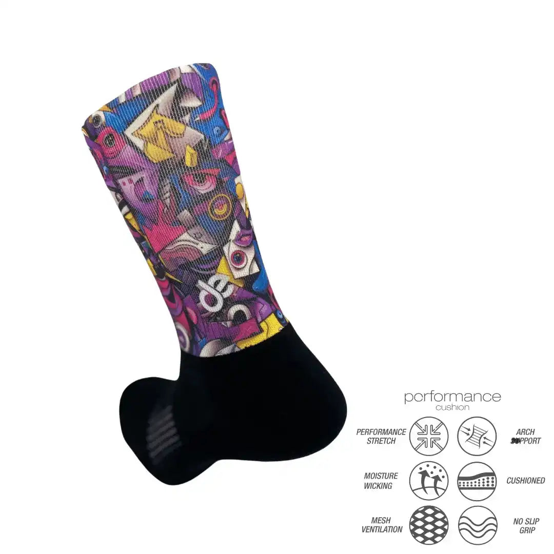 Colorful abstract pattern performance athletic socks with cushioned support and moisture-wicking features