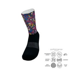 Colorful performance athletic sock with abstract print, cushioned arch support, moisture-wicking, and mesh ventilation for running or training.