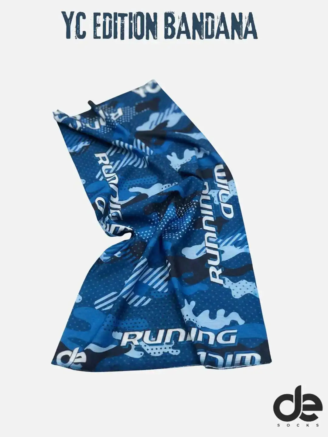 YC Edition Bandana with blue camo and 'Running' text, ideal for athletic performance