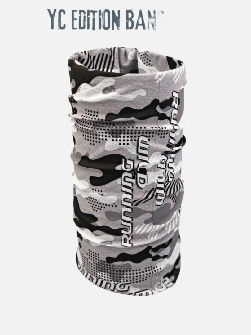 Gray camouflage running bandana with 'RUNNING' text, ideal for athletic performance