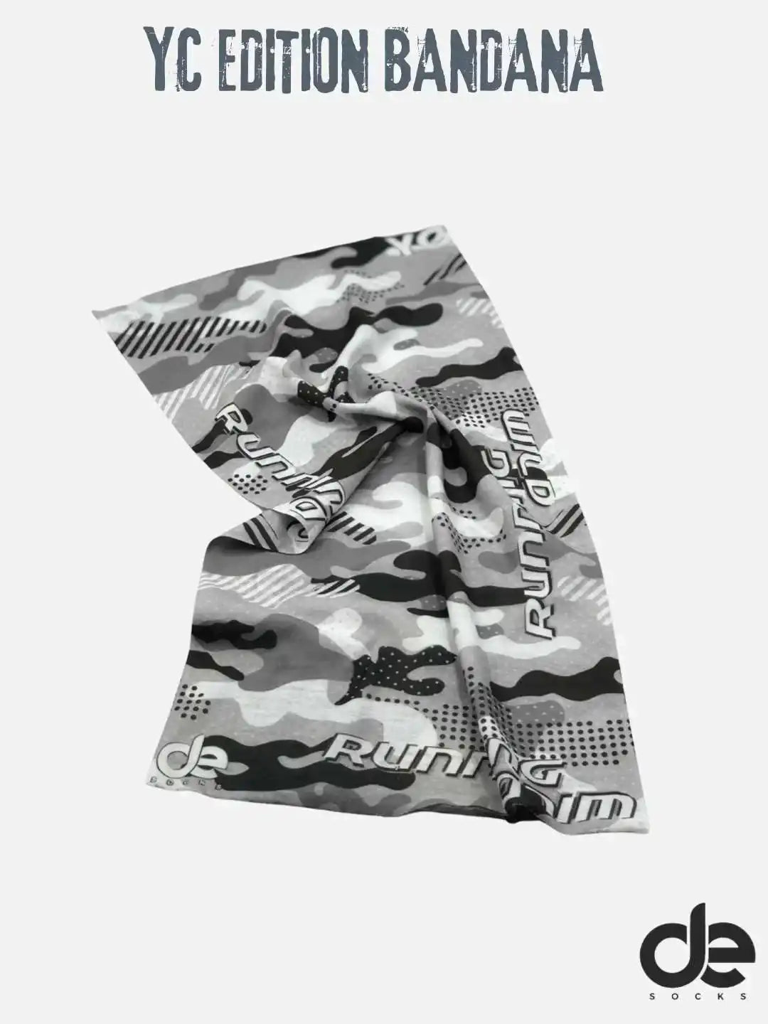 YC Edition Bandana with camouflage pattern and running text for athletic performance