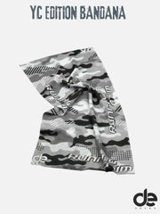 YC Edition Bandana with camouflage pattern and running text for athletic performance