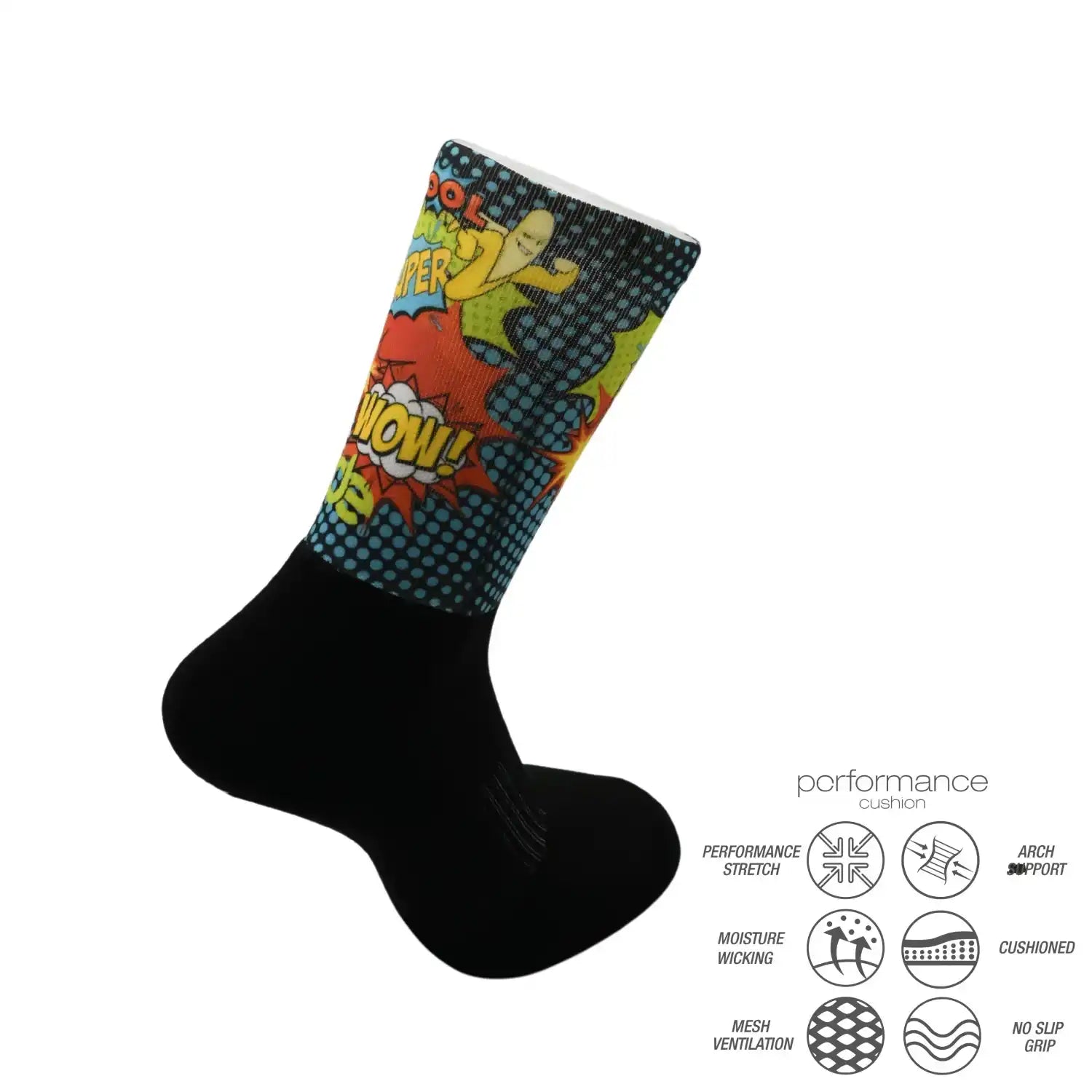 Comic-style athletic sock with performance features for running, cycling, and training