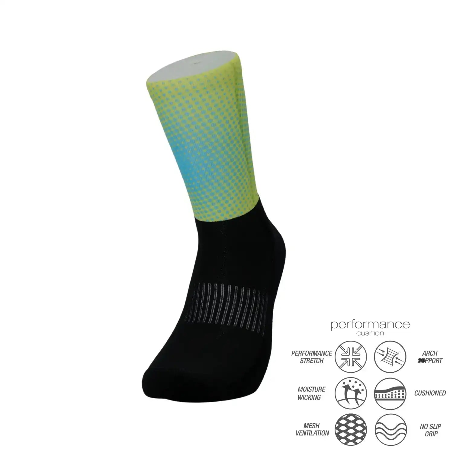 Performance athletic sock with gradient green-blue pattern, black foot, and features like moisture wicking, arch support, and cushioning.