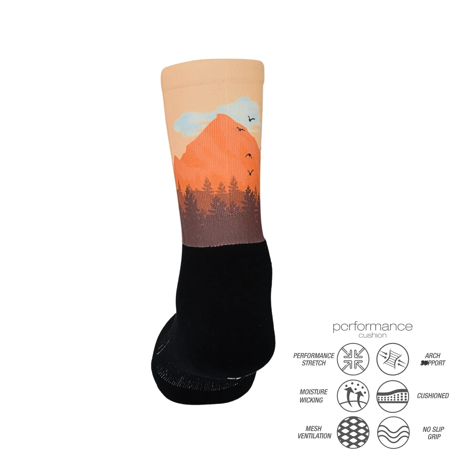 Αθλητικές κάλτσες τρεξίματος Mountain Range Crew με σχέδιο βουνού σε πορτοκαλί αποχρώσεις, ιδανικές για προπονήσεις και μαραθώνιους.