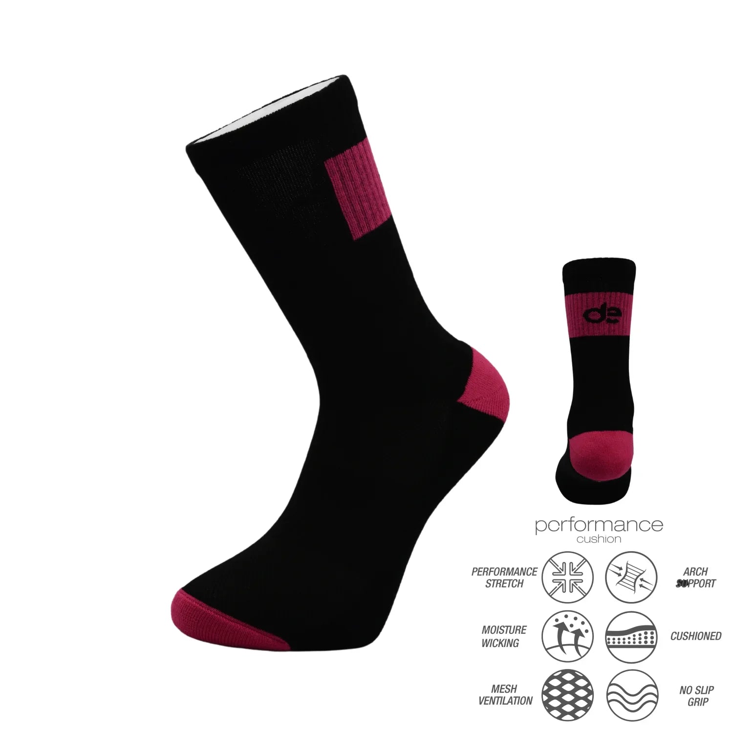 Μαύρες κάλτσες Padel Pro Grip με μπορντό λεπτομέρειες και χαρακτηριστικά απόδοσης για υποστήριξη και αντιολισθητική προστασία.