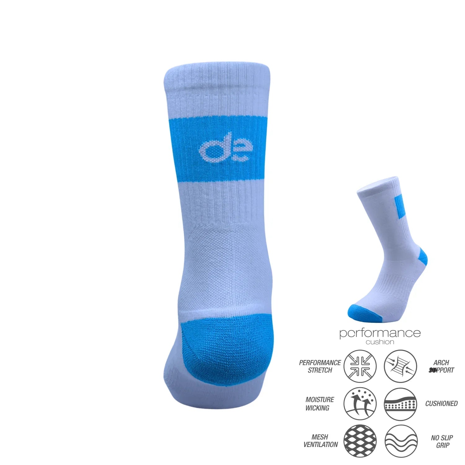 Λευκές κάλτσες Padel Pro Grip με γαλάζιες λεπτομέρειες και τεχνολογίες απόδοσης όπως arch support και no slip grip για σταθερότητα.