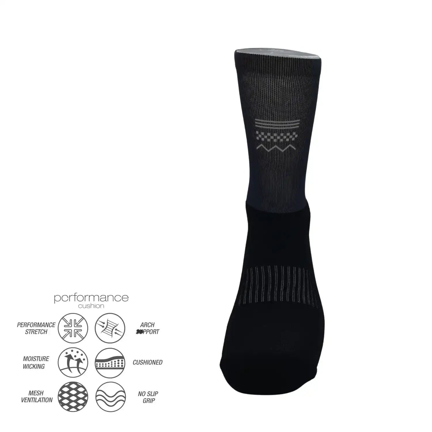 Black performance athletic sock with cushioned arch support, moisture-wicking, and mesh ventilation for running, cycling, tennis