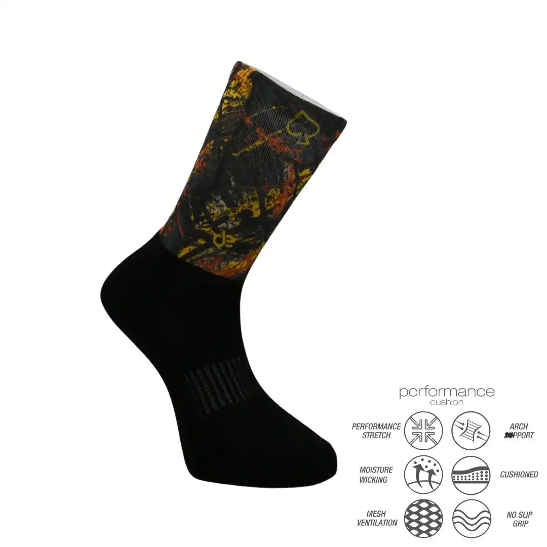 Performance athletic sock with vibrant abstract print, moisture-wicking, cushioned, and no-slip grip for running, cycling, tennis
