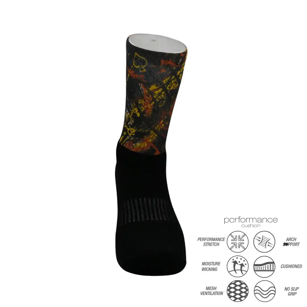 Performance athletic socks with vibrant design, moisture-wicking, cushioned, and arch support features