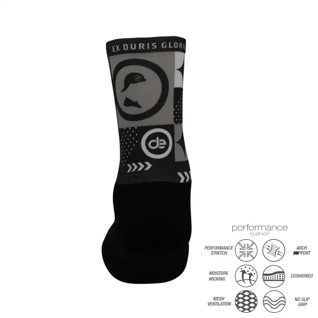 Black athletic performance sock with graphic design, moisture-wicking, cushioned, arch support, no-slip grip