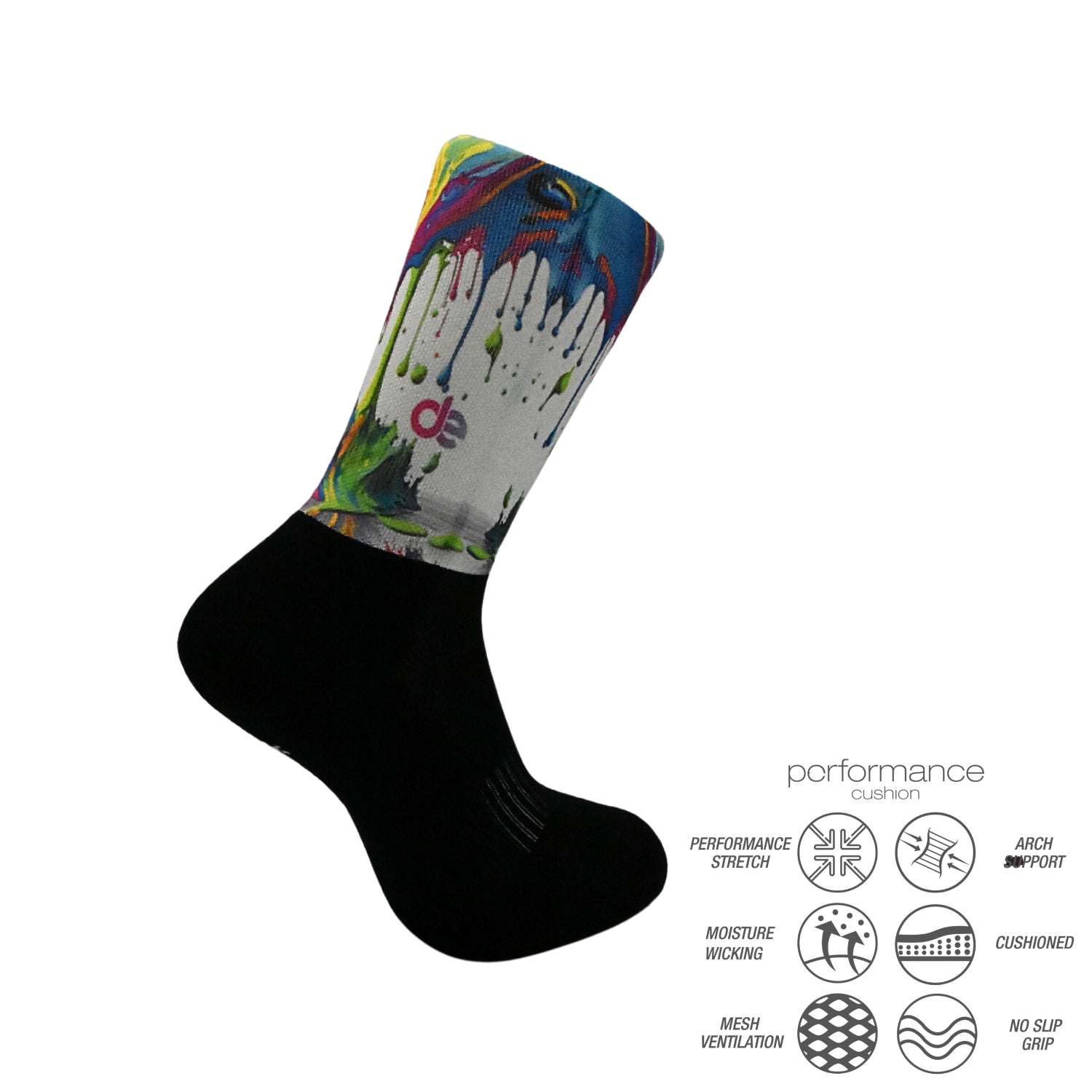 Colorful athletic performance socks with grip, cushion, and moisture-wicking features for running and training.